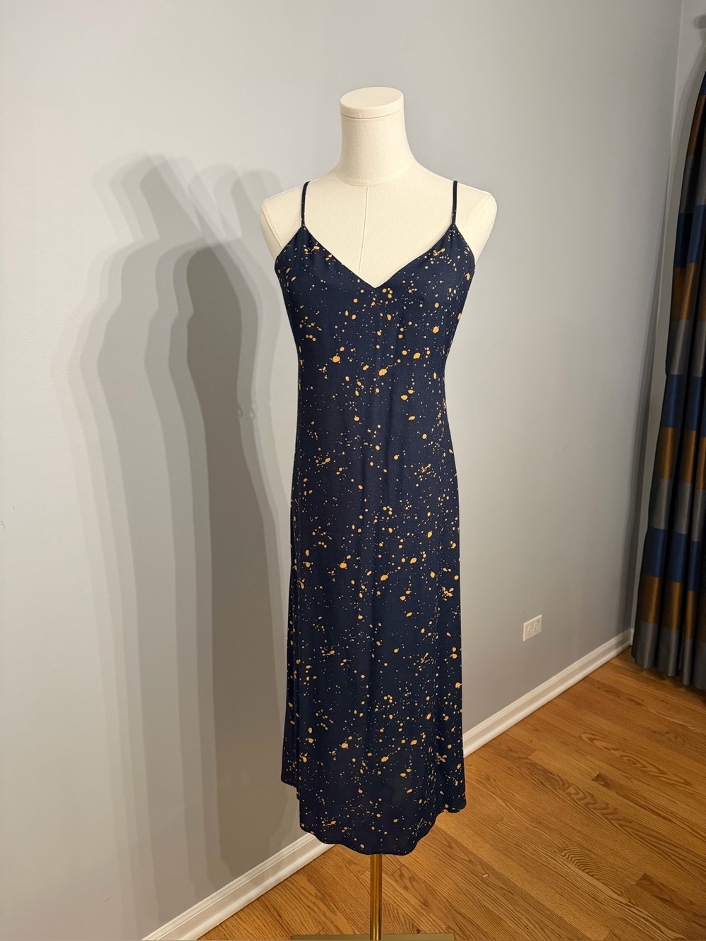 Reformation Navy Blue Slip Midi Dress with Gold Speckle